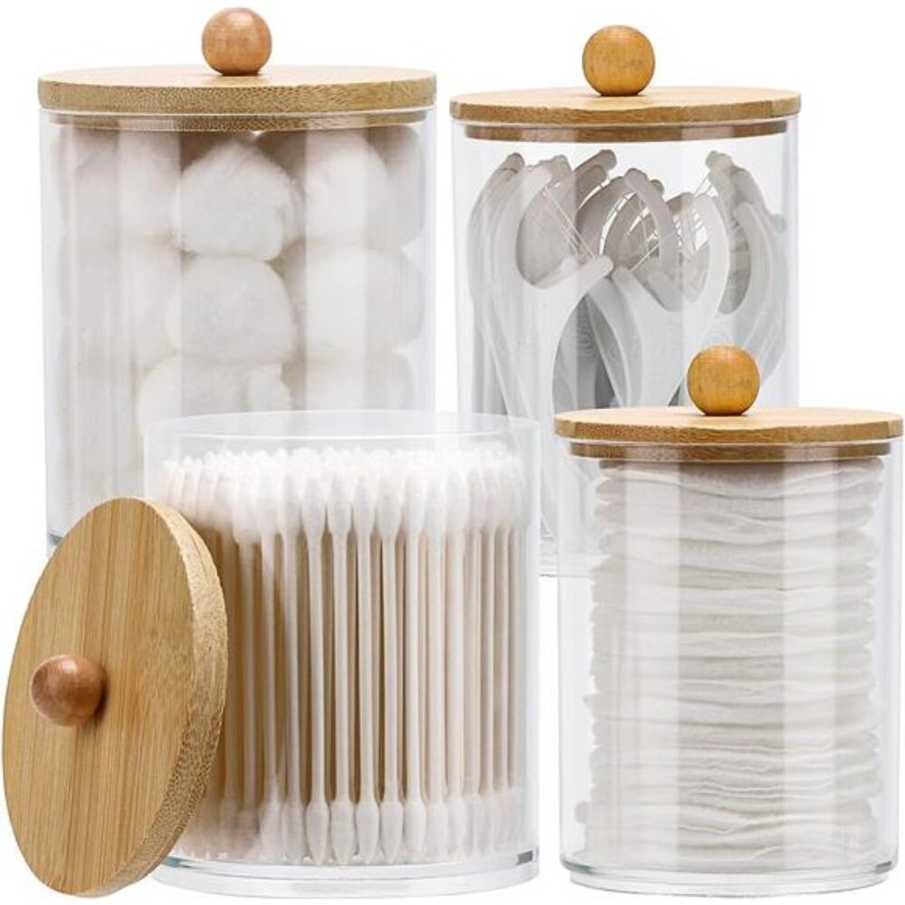 4 Pack Qtip Holder Dispenser Cotton Ball, Cotton Swab, Floss - 12oz, 10 oz Clear